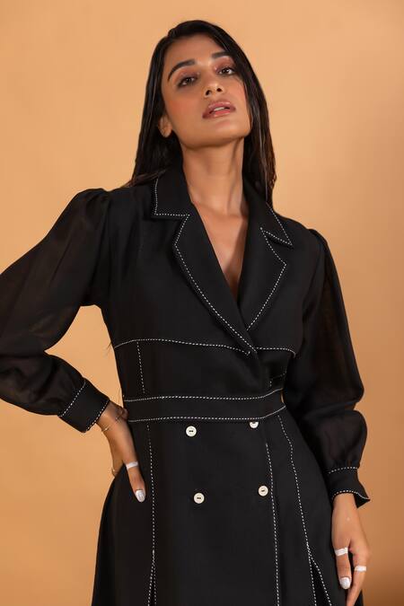Savaaya_Black Linen Embroidery Collared Puffed Sleeves Blazer Dress With Belt _Online_at_Aza_Fashions
