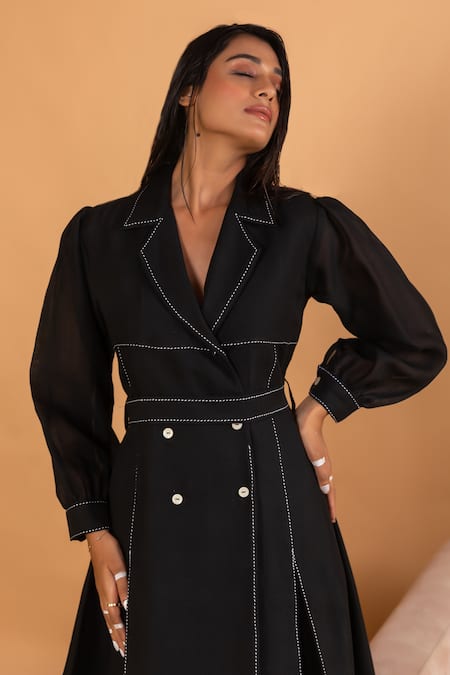 Buy_Savaaya_Black Linen Embroidery Collared Puffed Sleeves Blazer Dress With Belt _Online_at_Aza_Fashions