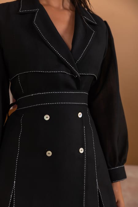 Shop_Savaaya_Black Linen Embroidery Collared Puffed Sleeves Blazer Dress With Belt _Online_at_Aza_Fashions