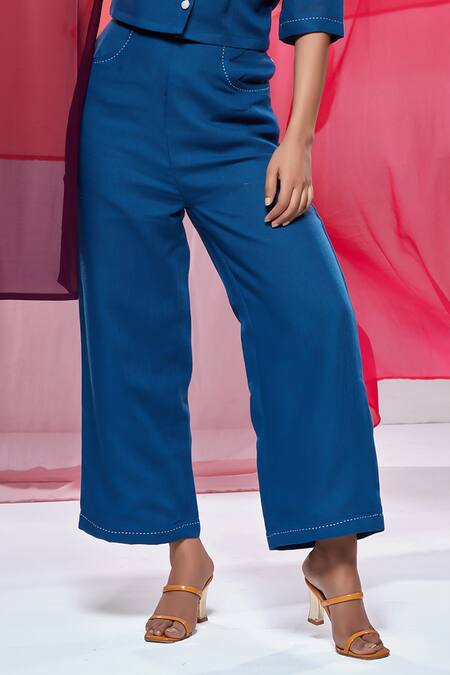 Buy Savaaya Blue Linen Embroidery Collared Crop Shirt With Pant Online at Aza Fashions Buy_Savaaya_Blue Linen Embroidery Collared Crop Shirt With Pant _Online_at_Aza_Fashions