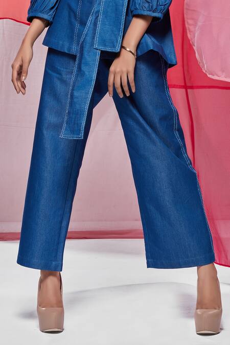 Buy_Savaaya_Blue Denim Embroidery Collared Top Pant Set_Online_at_Aza_Fashions