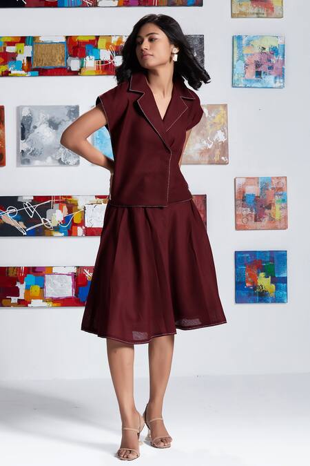 Shop_Savaaya_Maroon Linen Embroidery Collared Top With Skirt _at_Aza_Fashions