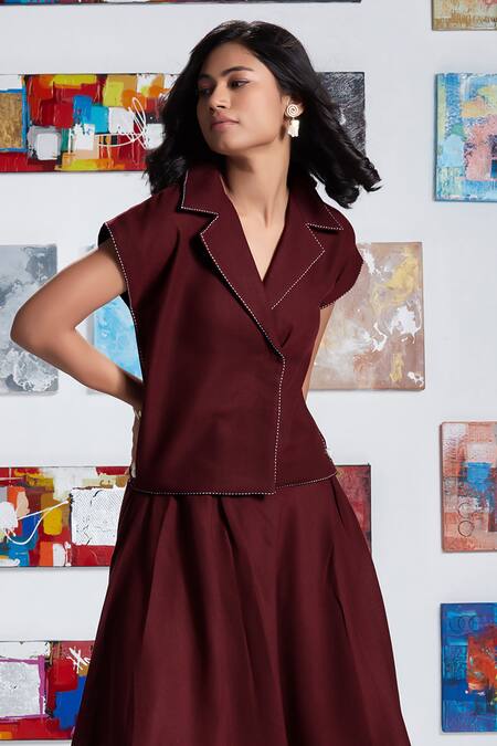 Savaaya_Maroon Linen Embroidery Collared Top With Skirt _Online_at_Aza_Fashions