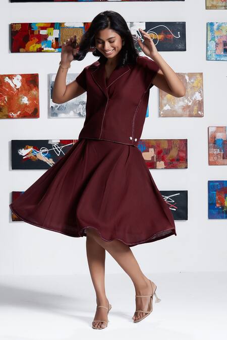 Buy_Savaaya_Maroon Linen Embroidery Collared Top With Skirt _Online_at_Aza_Fashions