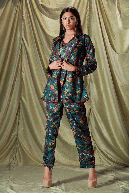 Shop_Savaaya_Green Modal, Satin Lace, Embroidery Mandarin Collar Floral Print Jacket Pant Set_at_Aza_Fashions