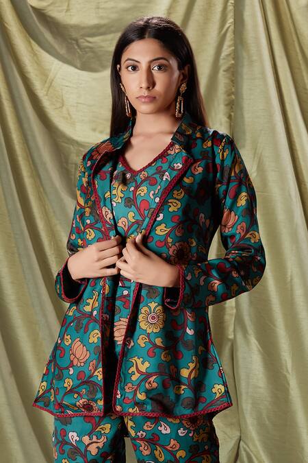 Savaaya_Green Modal, Satin Lace, Embroidery Mandarin Collar Floral Print Jacket Pant Set_Online_at_Aza_Fashions