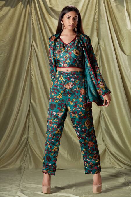 Buy_Savaaya_Green Modal, Satin Lace, Embroidery Mandarin Collar Floral Print Jacket Pant Set_Online_at_Aza_Fashions