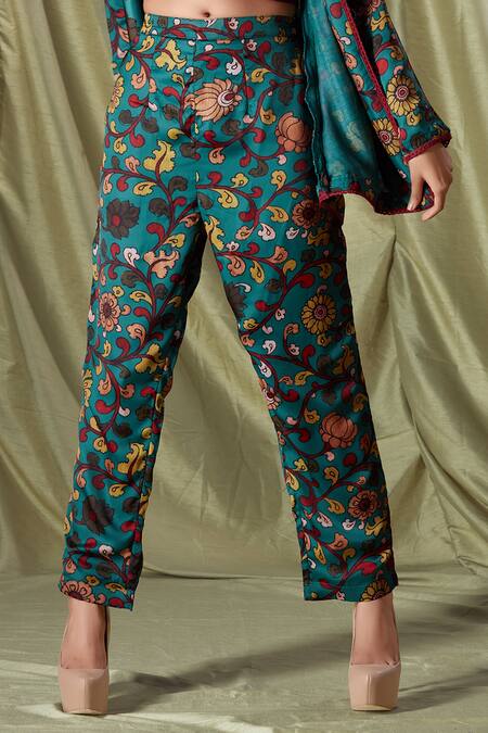 Shop_Savaaya_Green Modal, Satin Lace, Embroidery Mandarin Collar Floral Print Jacket Pant Set_Online_at_Aza_Fashions