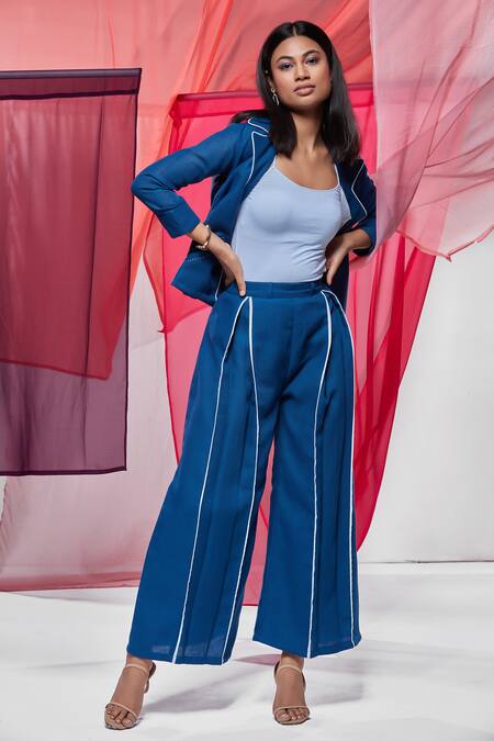 Shop Savaaya Blue Linen Collared Solid Jacket And Pant Set at Aza Fashions Shop_Savaaya_Blue Linen Collared Solid Jacket And Pant Set_at_Aza_Fashions