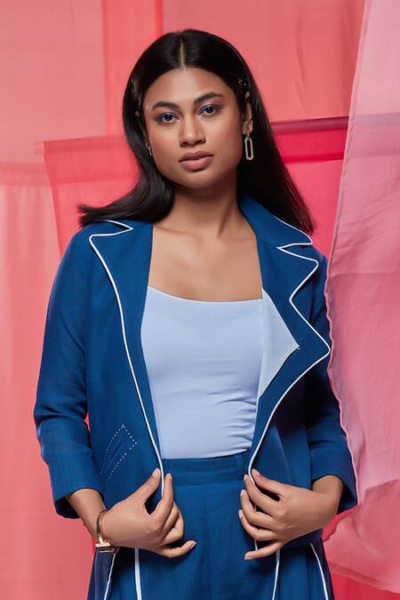 Savaaya Blue Linen Collared Solid Jacket And Pant Set Online at Aza Fashions Savaaya_Blue Linen Collared Solid Jacket And Pant Set_Online_at_Aza_Fashions