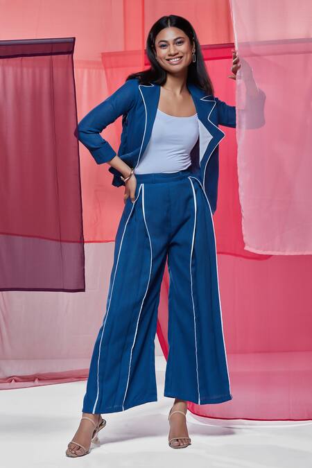 Shop Savaaya Blue Linen Collared Solid Jacket And Pant Set Online at Aza Fashions Shop_Savaaya_Blue Linen Collared Solid Jacket And Pant Set_Online_at_Aza_Fashions