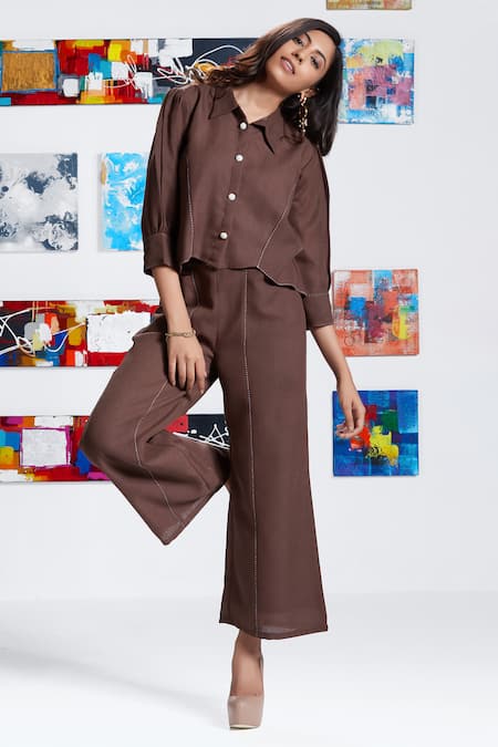 Shop Savaaya Brown Linen Embroidery Collared Top And Pant Set at Aza Fashions Shop_Savaaya_Brown Linen Embroidery Collared Top And Pant Set _at_Aza_Fashions