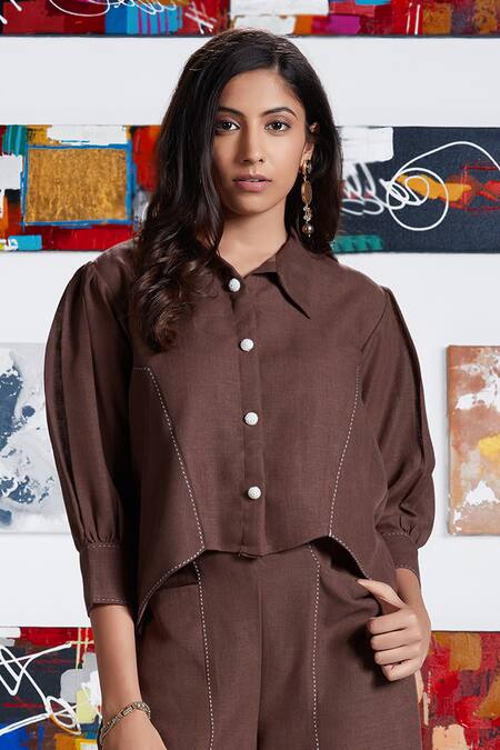 Savaaya Brown Linen Embroidery Collared Top And Pant Set Online at Aza Fashions Savaaya_Brown Linen Embroidery Collared Top And Pant Set _Online_at_Aza_Fashions