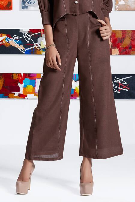 Buy Savaaya Brown Linen Embroidery Collared Top And Pant Set Online at Aza Fashions Buy_Savaaya_Brown Linen Embroidery Collared Top And Pant Set _Online_at_Aza_Fashions