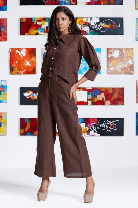 Shop Savaaya Brown Linen Embroidery Collared Top And Pant Set Online at Aza Fashions Shop_Savaaya_Brown Linen Embroidery Collared Top And Pant Set _Online_at_Aza_Fashions