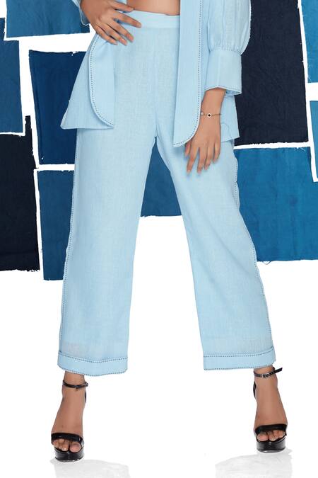 Buy Savaaya Blue Linen Embroidery Collared Lapel Jacket Pant Set Online at Aza Fashions Buy_Savaaya_Blue Linen Embroidery Collared Lapel Jacket Pant Set_Online_at_Aza_Fashions