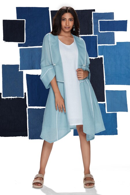 Buy Blue Linen Blend Round Asymmetric Jacket Dress With Inner For ...