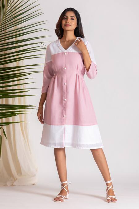 Savaaya Pink Linen, Cotton Embroidery V-neck Color Blocked Midi Dress Online at Aza Fashions Savaaya_Pink Linen, Cotton Embroidery V-neck Color Blocked Midi Dress _Online_at_Aza_Fashions