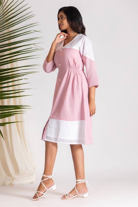 Buy Savaaya Pink Linen, Cotton Embroidery V-neck Color Blocked Midi Dress Online at Aza Fashions Buy_Savaaya_Pink Linen, Cotton Embroidery V-neck Color Blocked Midi Dress _Online_at_Aza_Fashions