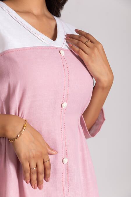 Shop Savaaya Pink Linen, Cotton Embroidery V-neck Color Blocked Midi Dress Online at Aza Fashions Shop_Savaaya_Pink Linen, Cotton Embroidery V-neck Color Blocked Midi Dress _Online_at_Aza_Fashions