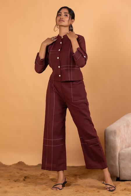 Savaaya_Maroon Linen Embroidery Mandarin Collar Button Down Top And Pant Set_Online_at_Aza_Fashions