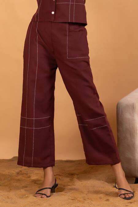Shop_Savaaya_Maroon Linen Embroidery Mandarin Collar Button Down Top And Pant Set_Online_at_Aza_Fashions
