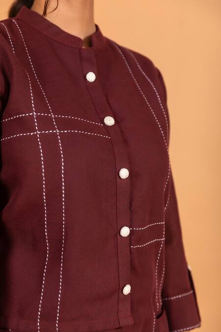 Savaaya_Maroon Linen Embroidery Mandarin Collar Button Down Top And Pant Set_at_Aza_Fashions