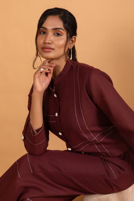 Buy_Savaaya_Maroon Linen Embroidery Mandarin Collar Button Down Top And Pant Set