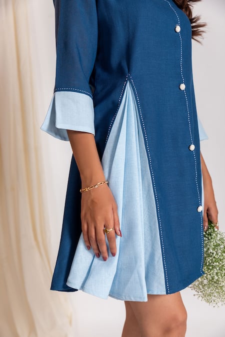 Buy_Savaaya_Blue Linen Round Neck Panelled Short Dress_Online_at_Aza_Fashions