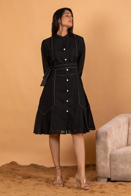 Savaaya_Black Linen Embroidery Collared Pleated Button Down Dress With Belt _Online_at_Aza_Fashions