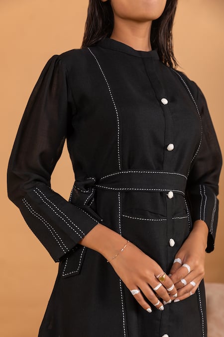 Savaaya_Black Linen Embroidery Collared Pleated Button Down Dress With Belt _at_Aza_Fashions