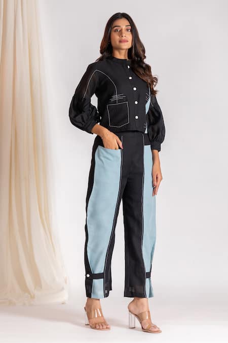 Savaaya Color Blocked Pleated Sleeve Shirt & Pant Set 