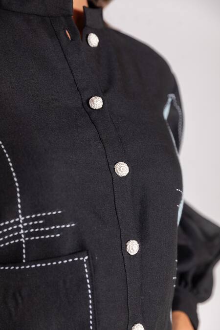 Shop Savaaya Black Linen Embroidery Bandeau Color Blocked Pleated Sleeve Shirt And Pant Set Online at Aza Fashions Shop_Savaaya_Black Linen Embroidery Bandeau Color Blocked Pleated Sleeve Shirt And Pant Set _Online_at_Aza_Fashions