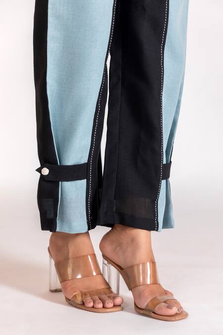 Savaaya Black Linen Embroidery Bandeau Color Blocked Pleated Sleeve Shirt And Pant Set at Aza Fashions Savaaya_Black Linen Embroidery Bandeau Color Blocked Pleated Sleeve Shirt And Pant Set _at_Aza_Fashions