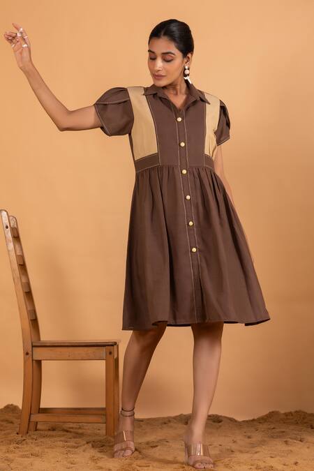 Savaaya Brown Linen Embroidery Collared Midi Dress Online at Aza Fashions Savaaya_Brown Linen Embroidery Collared Midi Dress _Online_at_Aza_Fashions