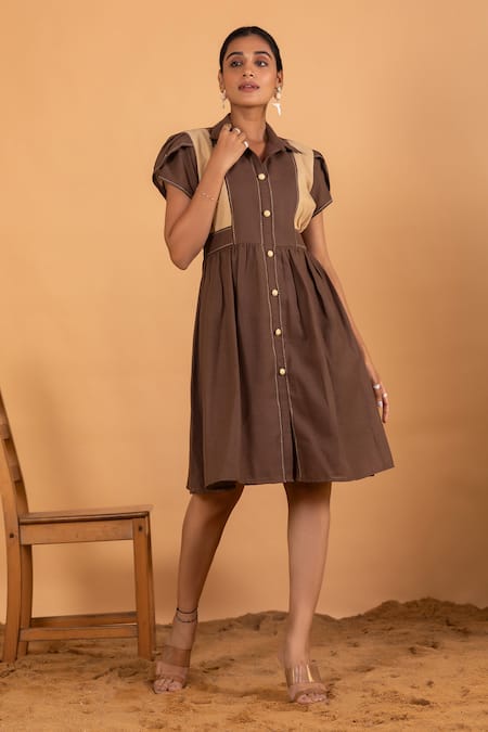 Buy Savaaya Brown Linen Embroidery Collared Midi Dress Online at Aza Fashions Buy_Savaaya_Brown Linen Embroidery Collared Midi Dress _Online_at_Aza_Fashions