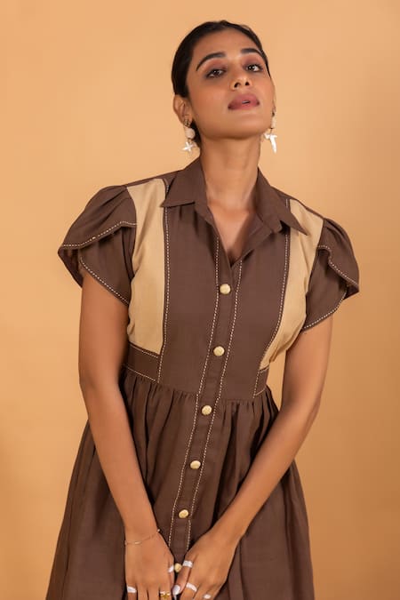 Shop Savaaya Brown Linen Embroidery Collared Midi Dress Online at Aza Fashions Shop_Savaaya_Brown Linen Embroidery Collared Midi Dress _Online_at_Aza_Fashions