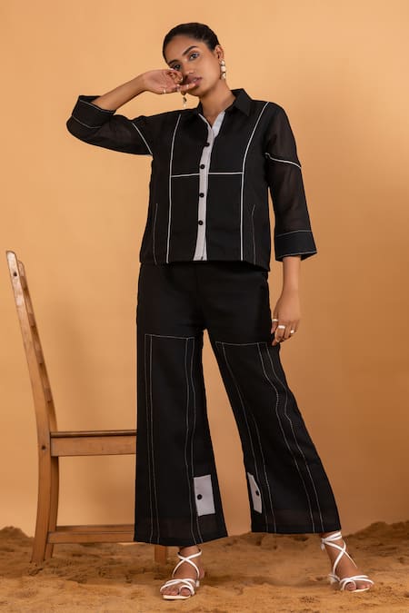 Savaaya Black Linen Blend Embroidery Pipe Spread Shirt And Flared Pant Set  