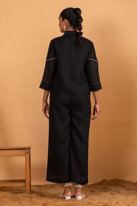 Shop Savaaya Black Linen Embroidery Collared Pipe Shirt And Pant Set at Aza Fashions Shop_Savaaya_Black Linen Embroidery Collared Pipe Shirt And Pant Set _at_Aza_Fashions
