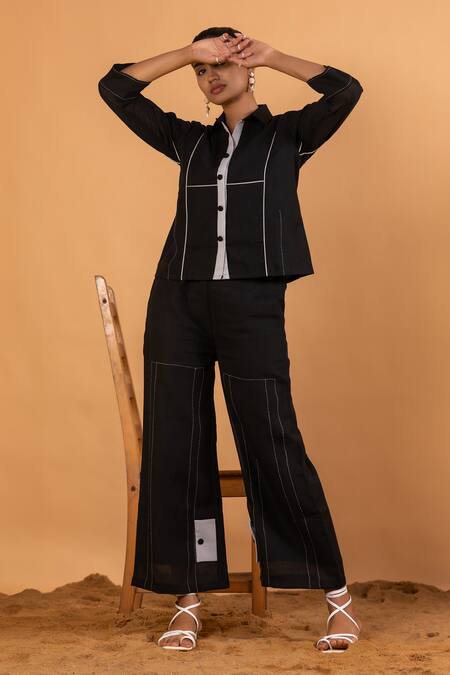 Savaaya Black Linen Embroidery Collared Pipe Shirt And Pant Set Online at Aza Fashions Savaaya_Black Linen Embroidery Collared Pipe Shirt And Pant Set _Online_at_Aza_Fashions