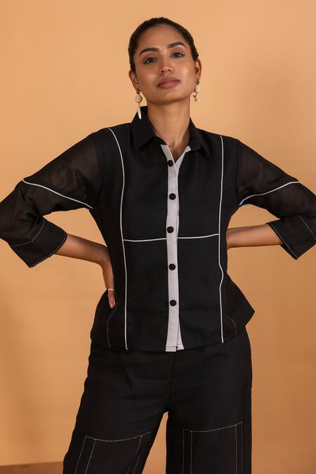 Buy Savaaya Black Linen Embroidery Collared Pipe Shirt And Pant Set Online at Aza Fashions Buy_Savaaya_Black Linen Embroidery Collared Pipe Shirt And Pant Set _Online_at_Aza_Fashions