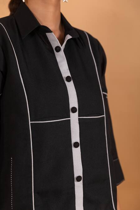 Shop Savaaya Black Linen Embroidery Collared Pipe Shirt And Pant Set Online at Aza Fashions Shop_Savaaya_Black Linen Embroidery Collared Pipe Shirt And Pant Set _Online_at_Aza_Fashions