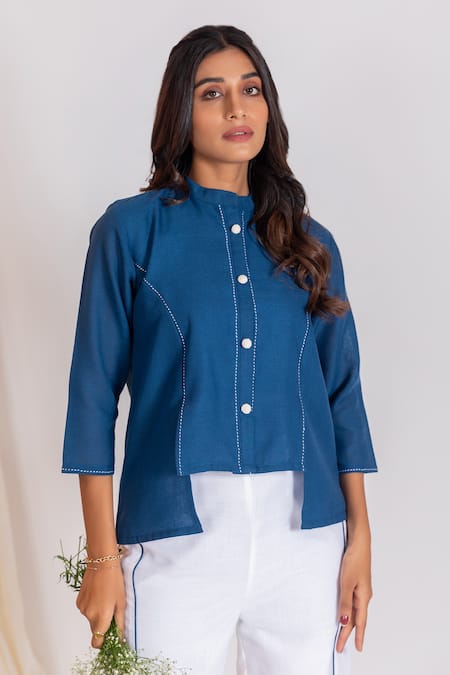 Savaaya_Blue Linen Embroidery Mandarin Collar Thread Placement Shirt And Flared Pant Set_Online_at_Aza_Fashions