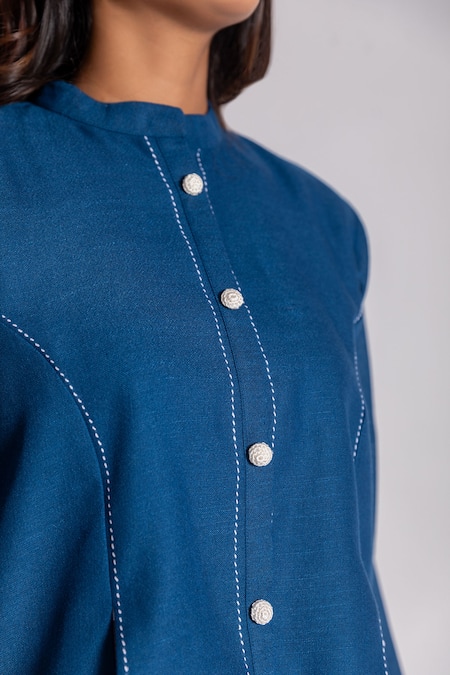 Buy_Savaaya_Blue Linen Embroidery Mandarin Collar Thread Placement Shirt And Flared Pant Set_Online_at_Aza_Fashions