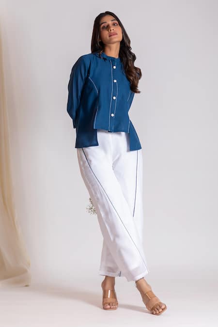 Shop_Savaaya_Blue Linen Embroidery Mandarin Collar Thread Placement Shirt And Flared Pant Set_Online_at_Aza_Fashions