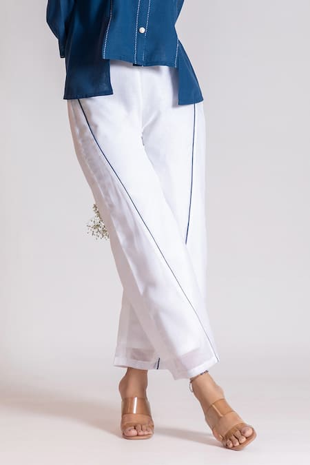 Savaaya_Blue Linen Embroidery Mandarin Collar Thread Placement Shirt And Flared Pant Set_at_Aza_Fashions