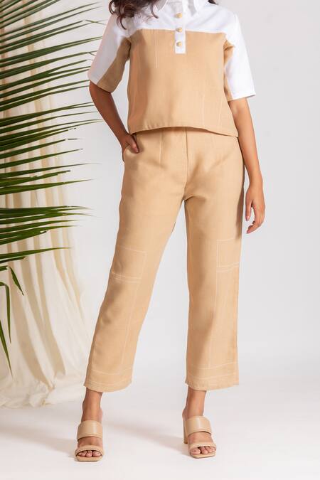 Shop_Savaaya_White Linen Embroidery Collared Colorblock Shirt And Pant Set _Online_at_Aza_Fashions