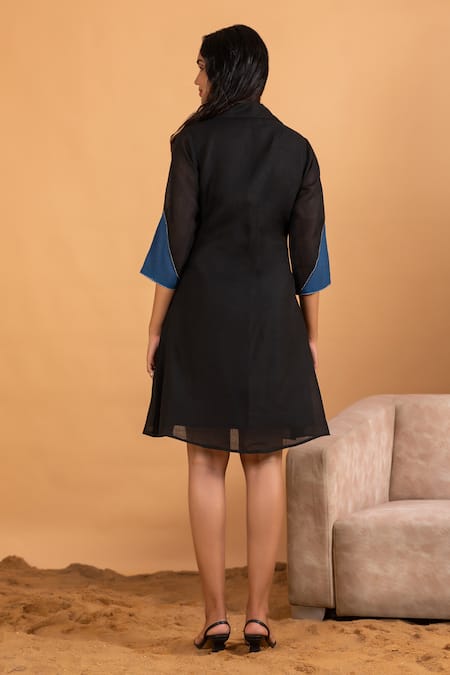 Shop Savaaya Black Linen Collared Colorblock Stitchline Thread Embroidered Dress at Aza Fashions Shop_Savaaya_Black Linen Collared Colorblock Stitchline Thread Embroidered Dress _at_Aza_Fashions
