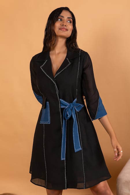 Buy Savaaya Black Linen Collared Colorblock Stitchline Thread Embroidered Dress Online at Aza Fashions Buy_Savaaya_Black Linen Collared Colorblock Stitchline Thread Embroidered Dress _Online_at_Aza_Fashions