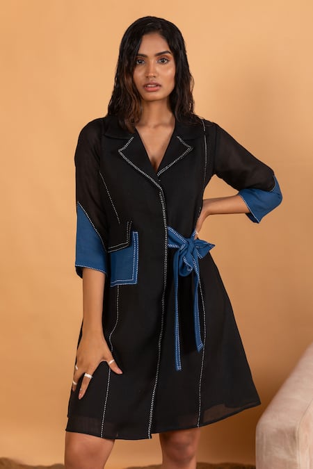 Shop Savaaya Black Linen Collared Colorblock Stitchline Thread Embroidered Dress Online at Aza Fashions Shop_Savaaya_Black Linen Collared Colorblock Stitchline Thread Embroidered Dress _Online_at_Aza_Fashions